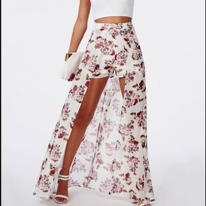 White Floral Twofer Shorts Skirt High Slit